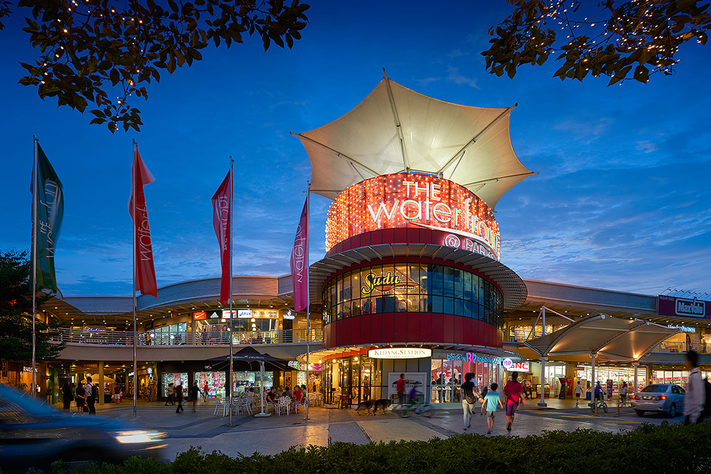 a building with red and white lights